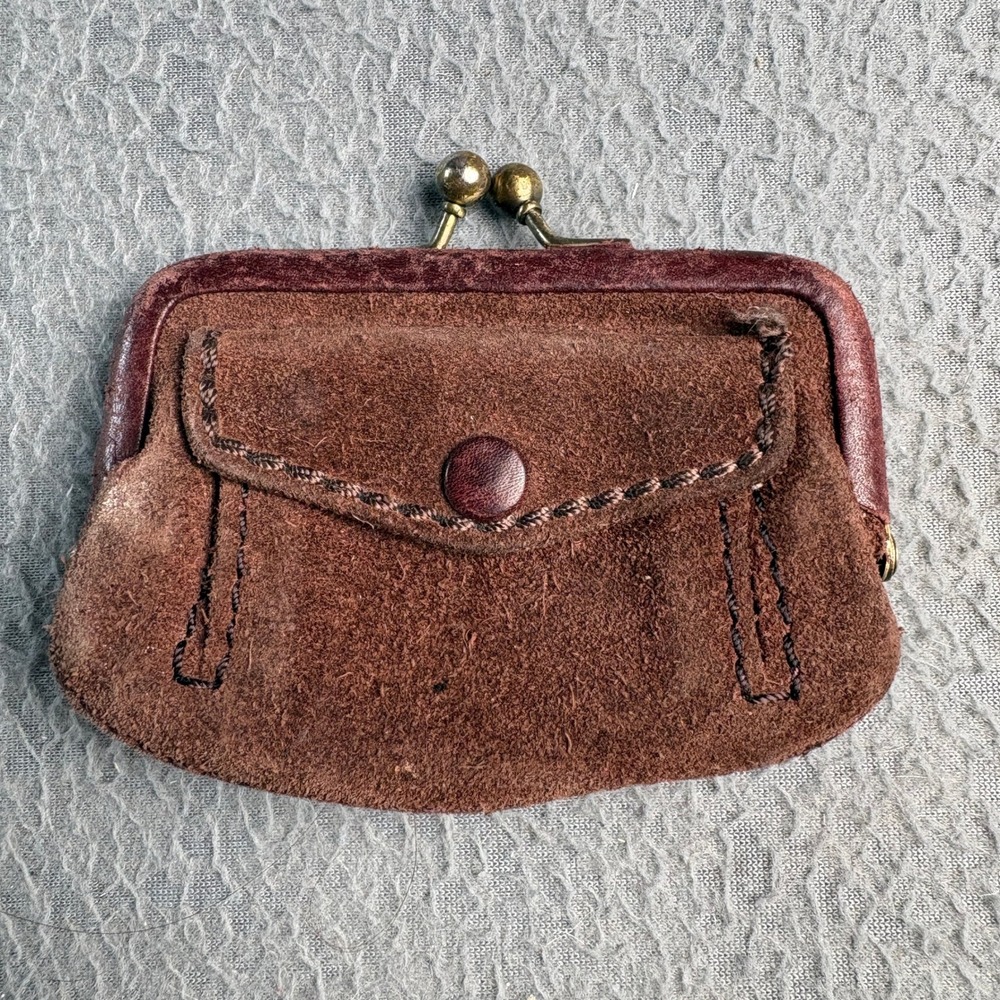 Lucky Brand Brown Suede Leather Kiss Lock Coin Purse Vintage Boho Small Wallet